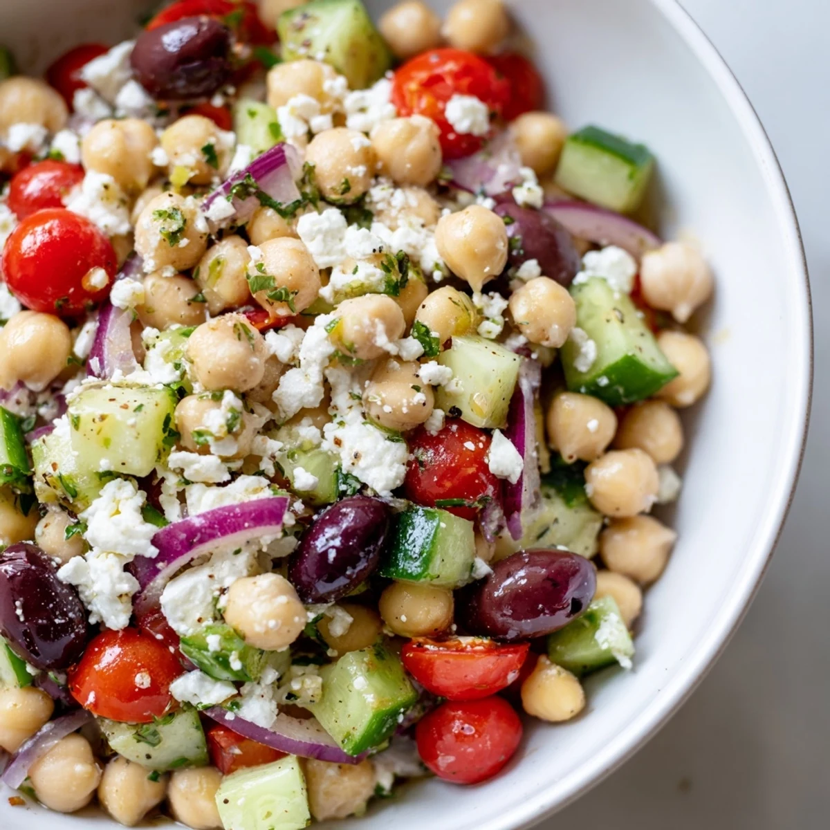 Freshly tossed Mediterranean Chickpea Salad with crisp cucumbers and tomatoes in a bright lemon vinaigrette.