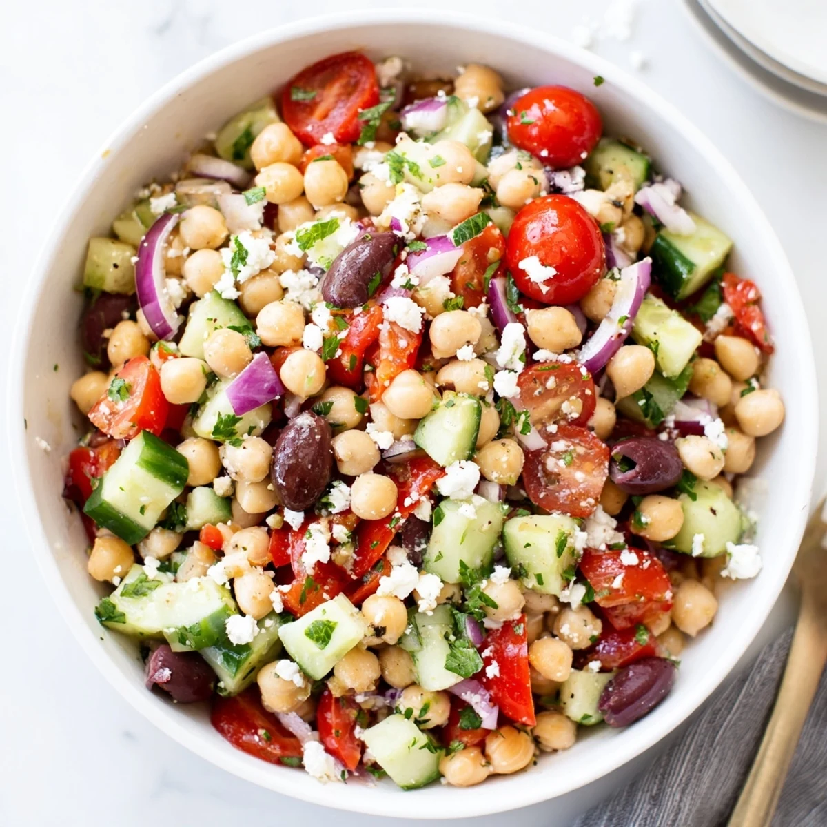Served Mediterranean Chickpea Salad garnished with fresh parsley and Kalamata olives, perfect for a light lunch.