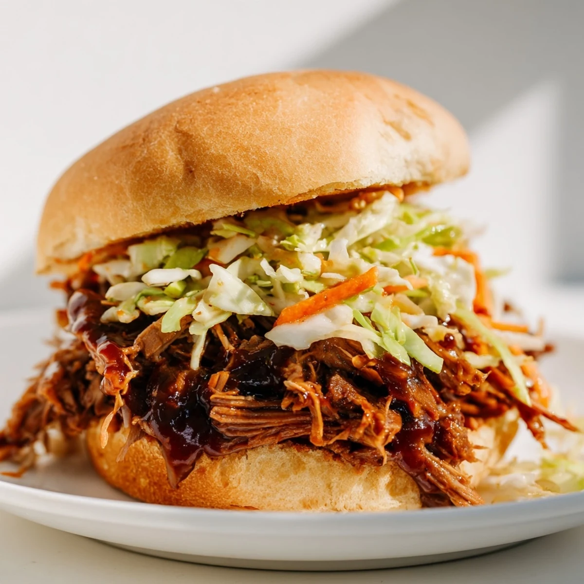 Golden toasted buns holding succulent Slow Cooker Pulled Beef Sandwiches, generously topped with creamy, crunchy slaw and barbecue sauce.