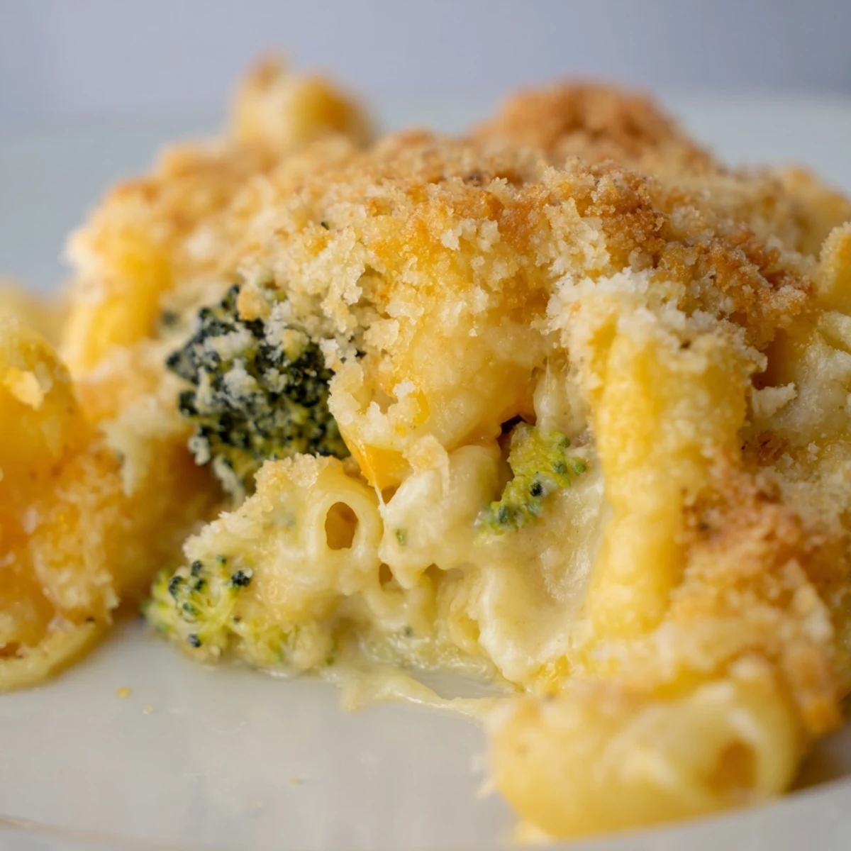 A serving of Baked Macaroni and Cheese with Broccoli Florets next to a crisp green salad.
