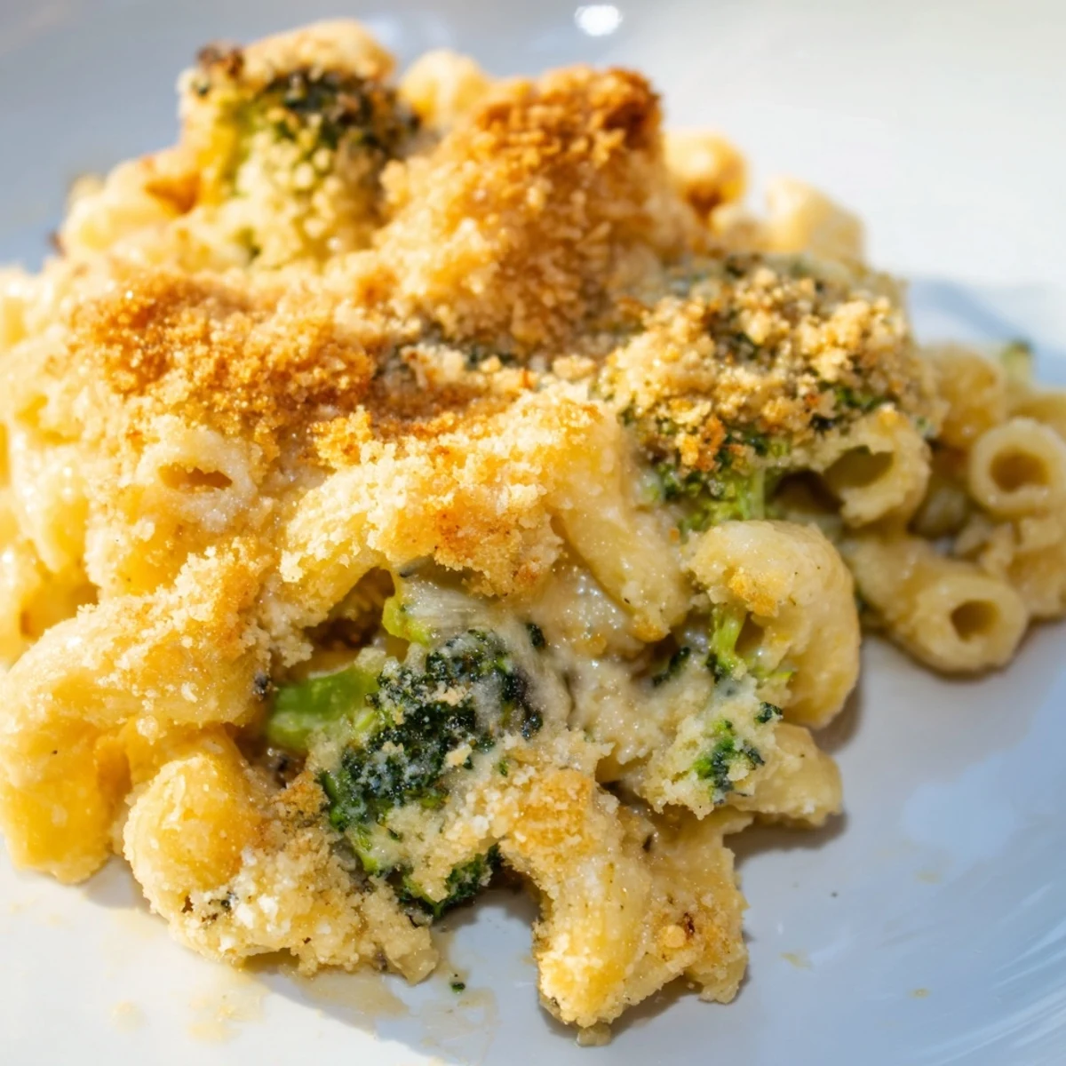 Creamy Baked Macaroni and Cheese with Broccoli Florets in a white casserole dish topped with breadcrumbs.