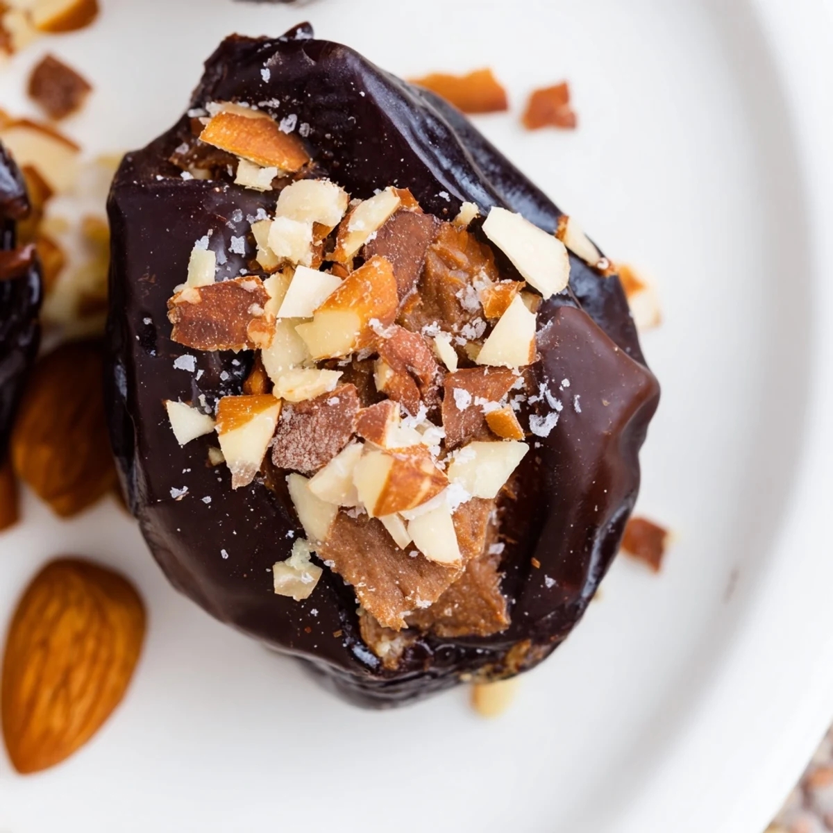 Twelve Chocolate Covered Dates Stuffed with Almond Butter arranged on a platter, ready to be served as dessert.