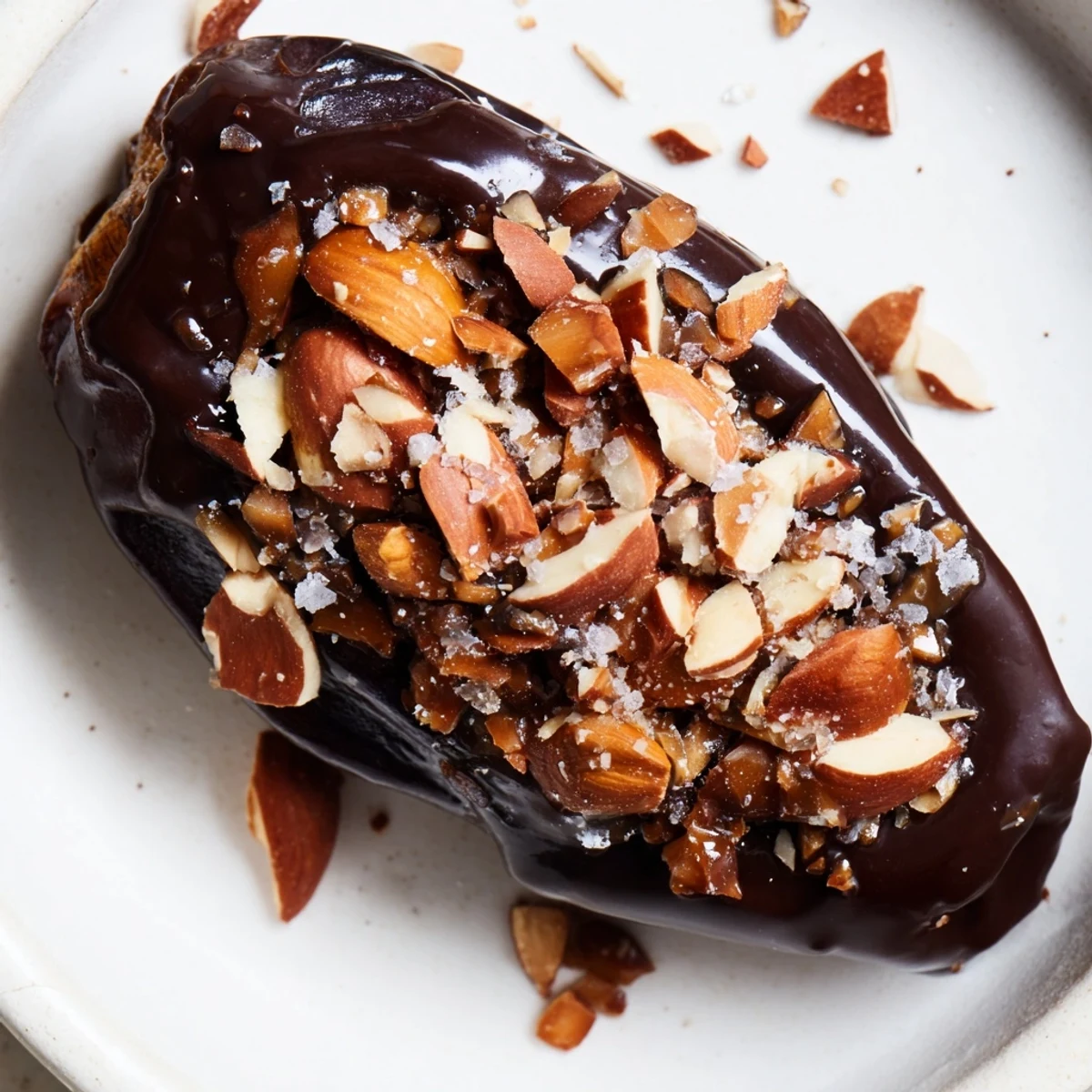 Chocolate Covered Dates Stuffed with Almond Butter, sprinkled with sea salt, served on a cooling rack.