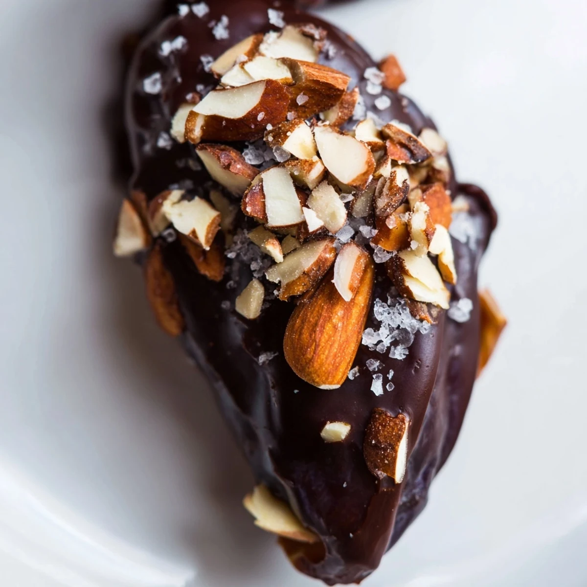 A close-up of Chocolate Covered Dates Stuffed with Almond Butter coated in dark chocolate and garnished with chopped almonds.