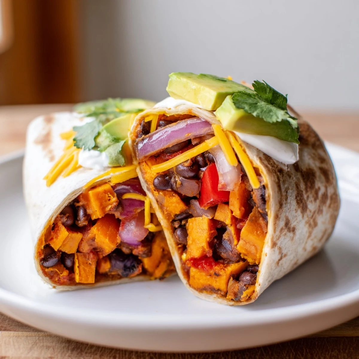 Golden-brown Roasted Sweet Potato and Black Bean Burritos are sliced in half on a rustic plate, revealing layers of sweet potatoes, black beans, and creamy avocado.