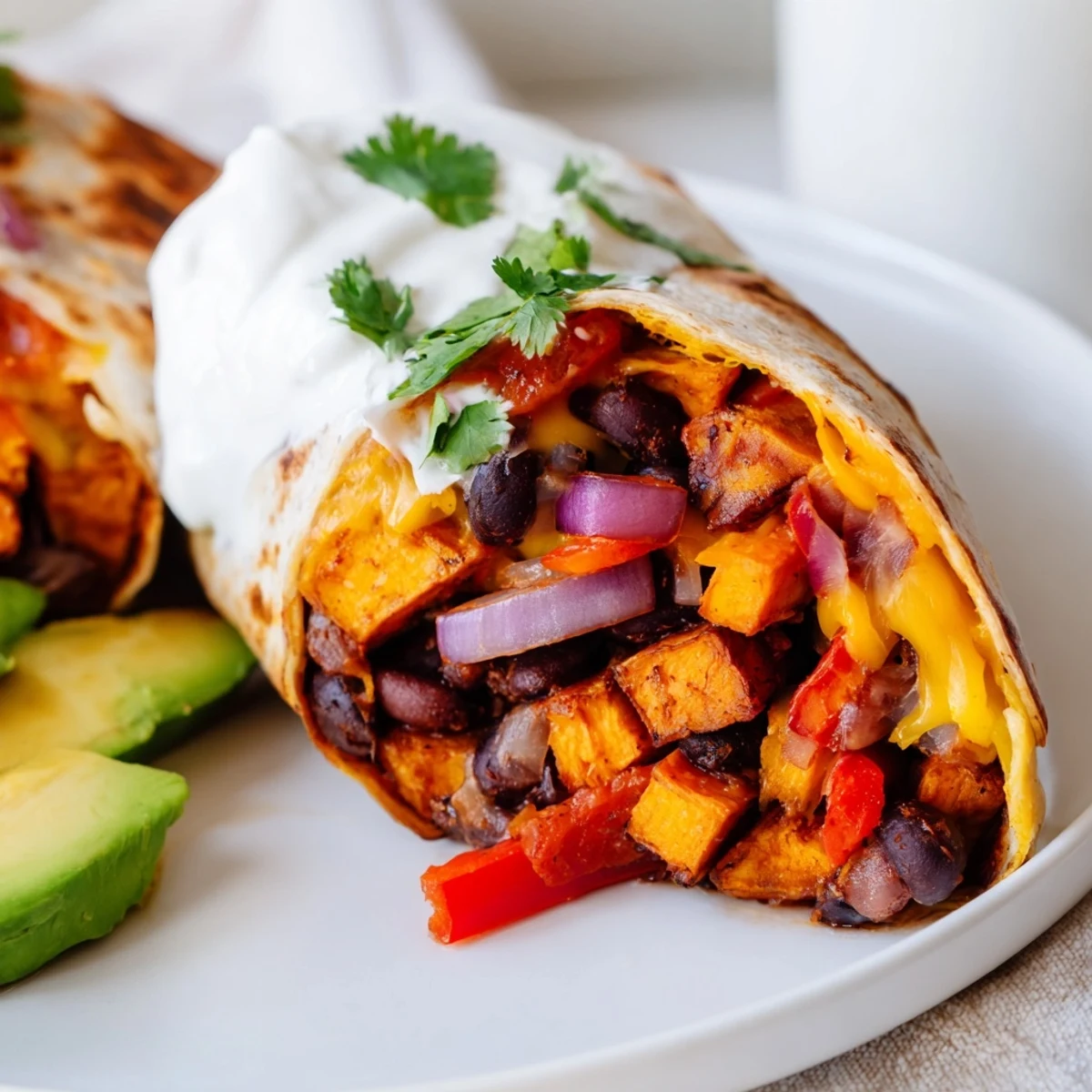 Freshly prepared Roasted Sweet Potato and Black Bean Burritos are served with lime wedges and a dollop of sour cream on a wooden board.