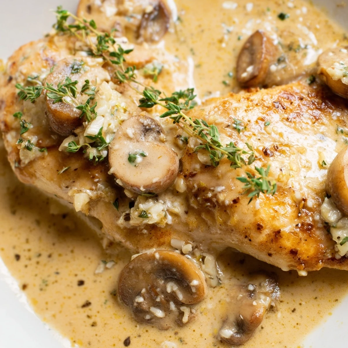 Golden, pan-seared chicken breasts and sautéed mushrooms swimming in a creamy garlic sauce, served over mashed potatoes for a comforting dinner.