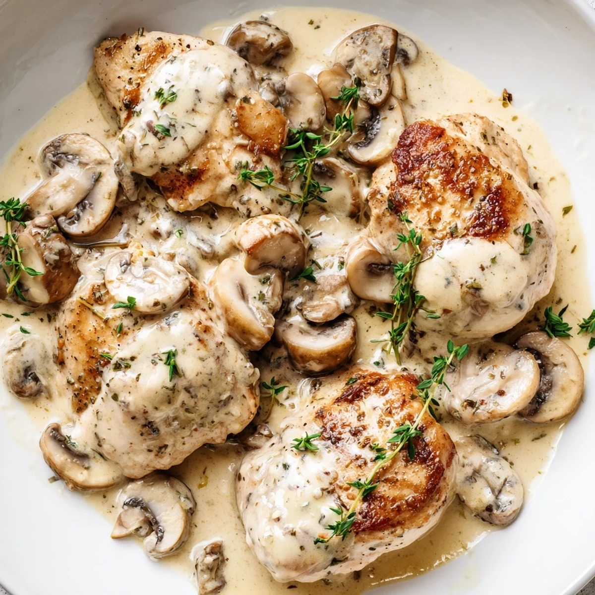 Sliced tender chicken and savory cremini mushrooms in a rich, creamy Parmesan thyme sauce, ready to be spooned over fluffy rice.