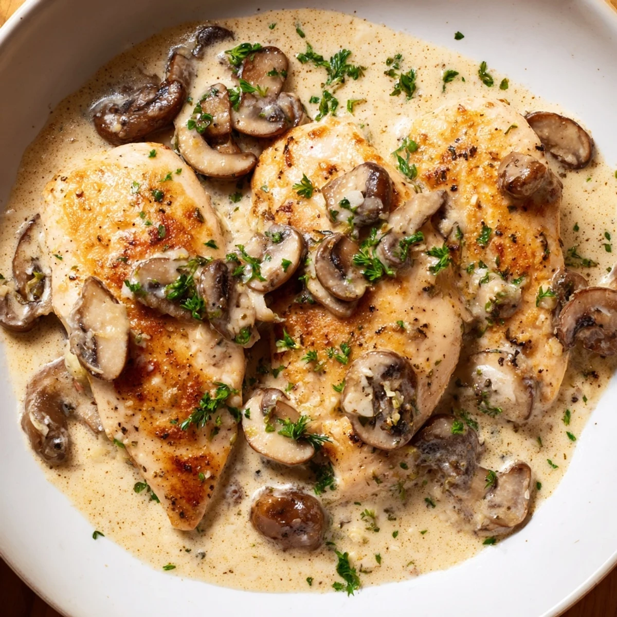 Freshly garnished Chicken Mushroom Skillet with creamy sauce steaming on a plate, perfect for an easy weeknight meal with crusty bread.