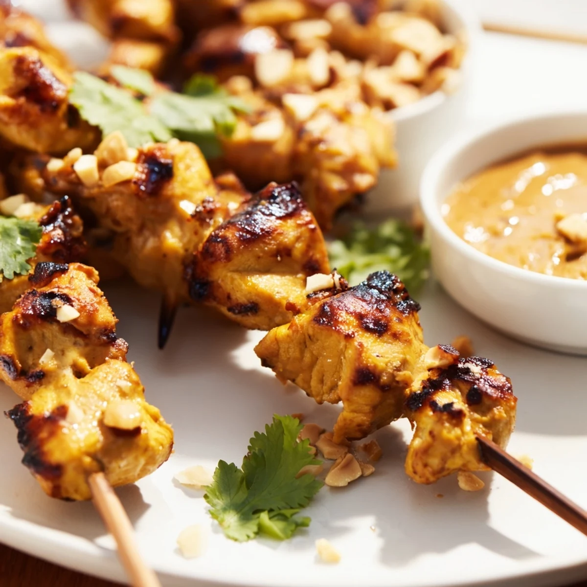 Sizzling Grilled Chicken Skewers with Satay Sauce, showcasing char marks and creamy peanut sauce alongside fresh lime wedges for a vibrant barbecue dinner.