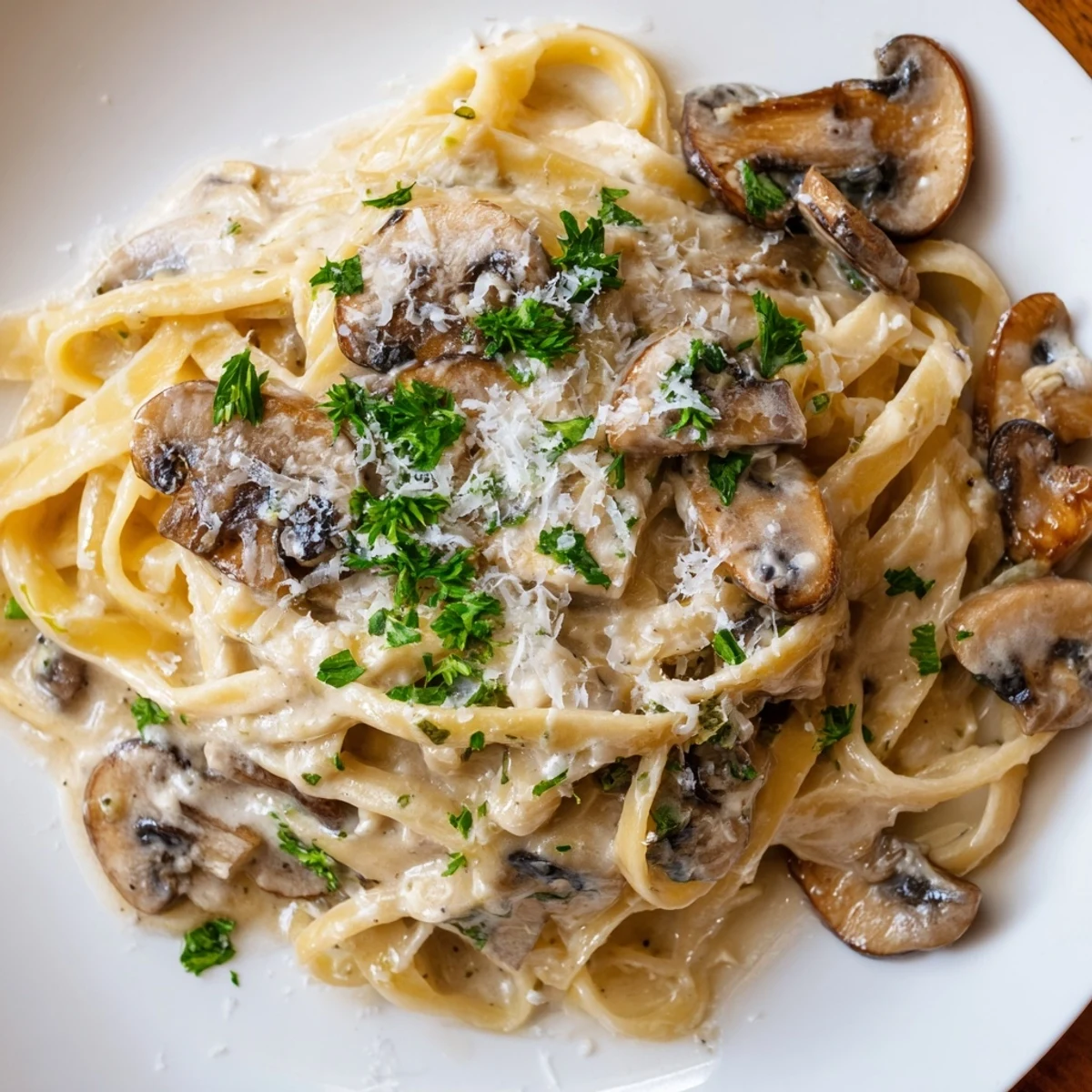 Creamy Fettuccine Alfredo with Mushrooms features golden sautéed mushrooms and silky noodles in a rich Parmesan sauce, served steaming in a white bowl.