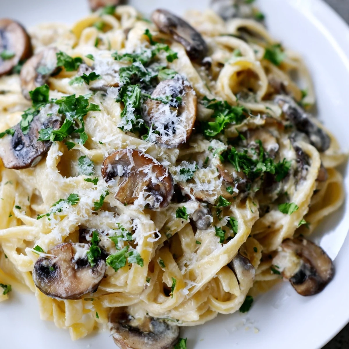 Close-up of Creamy Fettuccine Alfredo with Mushrooms revealing melted Parmesan strands and buttery cremini mushrooms, garnished with fresh parsley and black pepper.