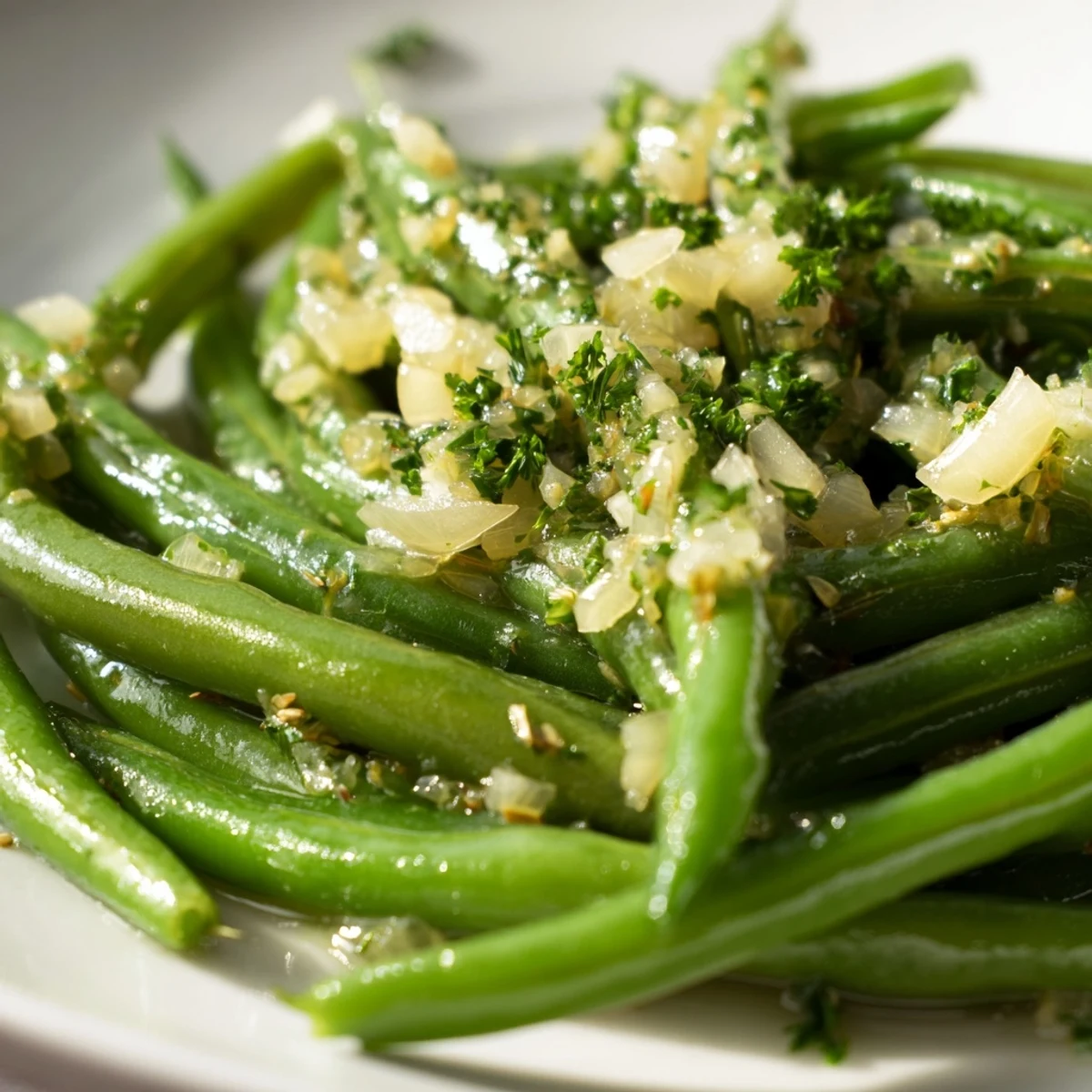 Sizzling garlic butter green beans with shallots in a skillet, ready to be served alongside a roasted main course.
