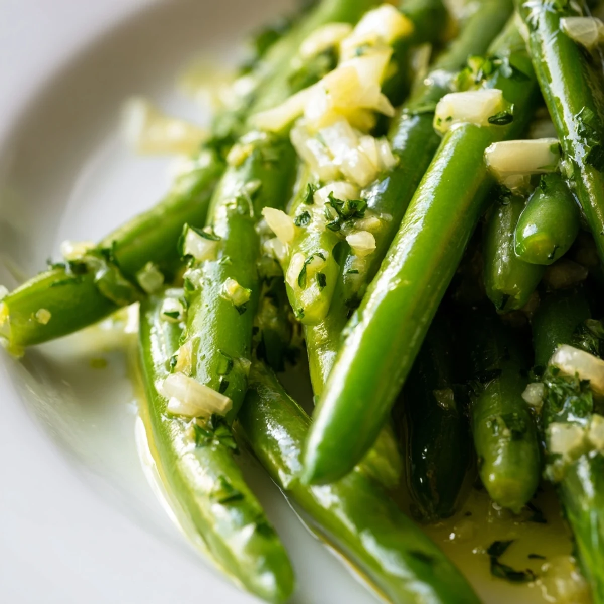 Tender crisp green beans tossed in garlic butter, topped with fresh parsley and sweet shallots on a white serving plate.