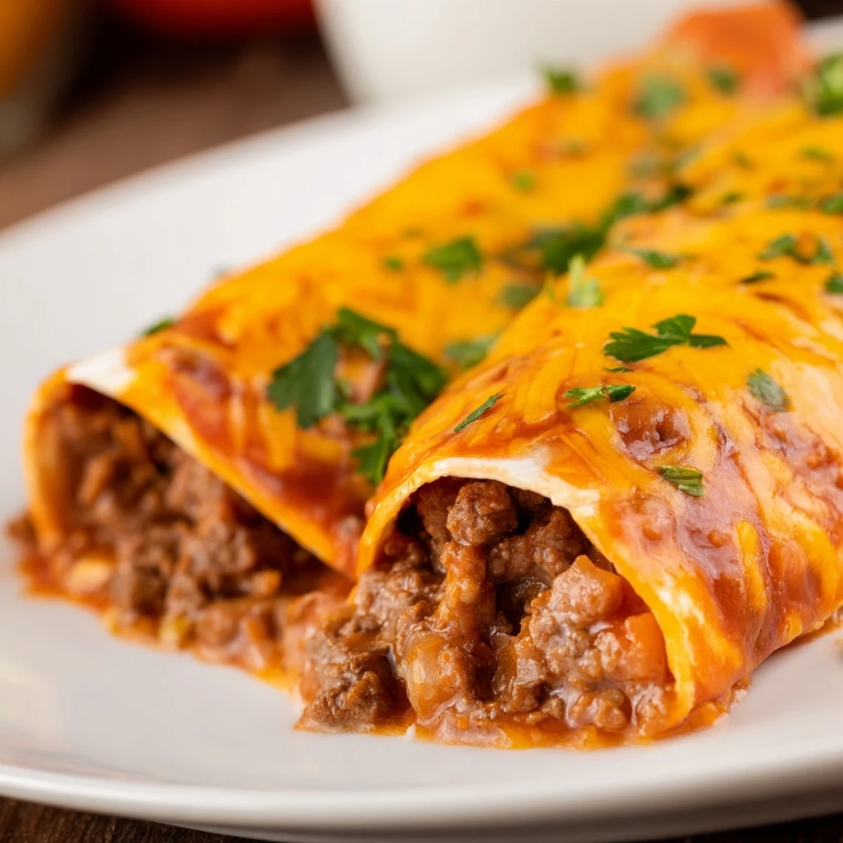 Rolled flour tortillas filled with seasoned ground beef and rich enchilada sauce, topped with a golden bubbly cheese crust.