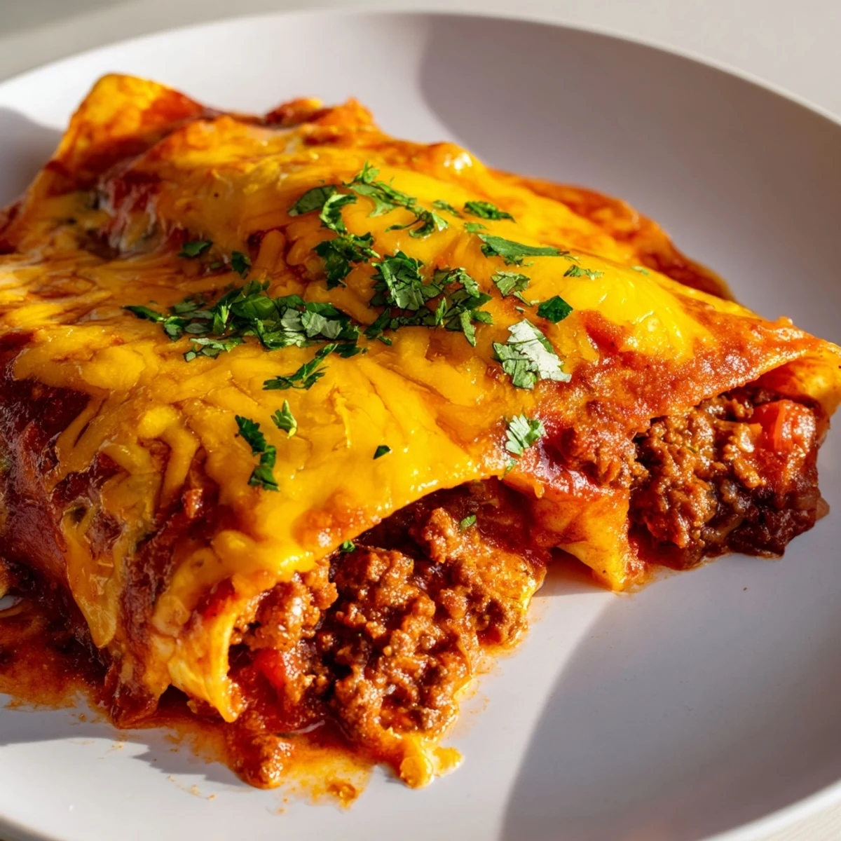 Freshly baked Beef Enchiladas with Homemade Sauce featuring melted cheese and vibrant red sauce in a casserole dish.
