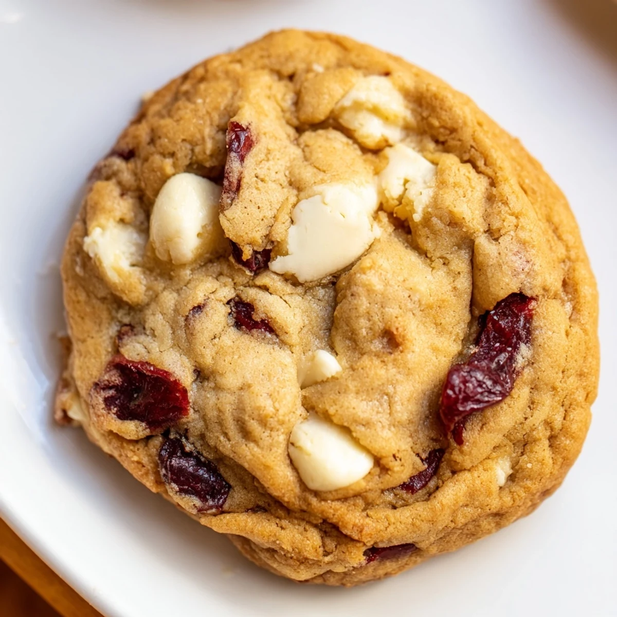 Close-up of White Chocolate and Cranberry Cookies with gooey centers and ruby-red cranberries, ready to serve with afternoon coffee.