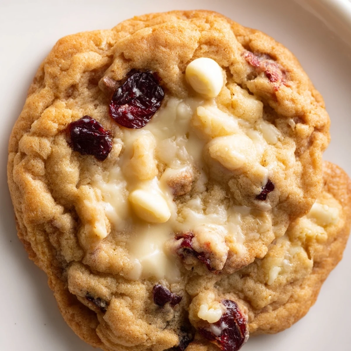 A batch of White Chocolate and Cranberry Cookies, studded with tart cranberries and creamy white chocolate, paired with a glass of milk.