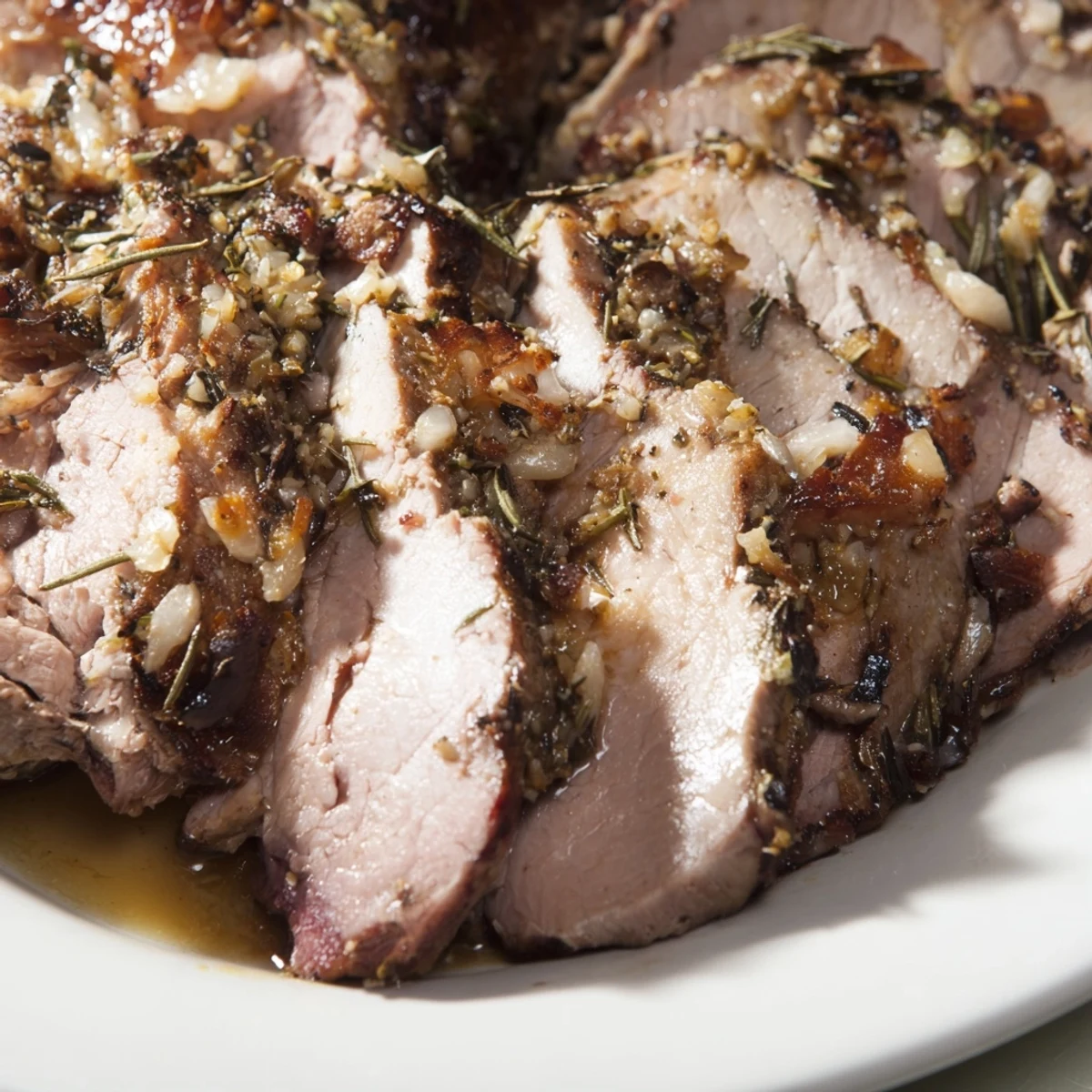 Freshly roasted leg of lamb glistening with a rosemary and anchovy rub, sliced to show tender, juicy meat.