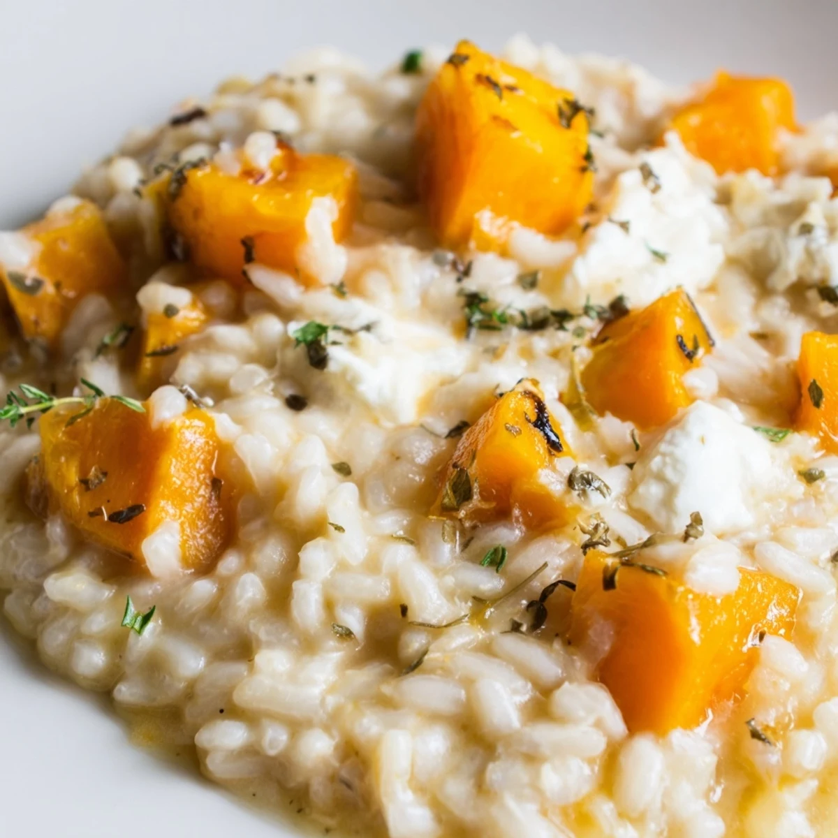 Golden-brown roasted butternut squash cubes folded into creamy Butternut Squash and Goat Cheese Risotto in a white bowl, garnished with fresh thyme.