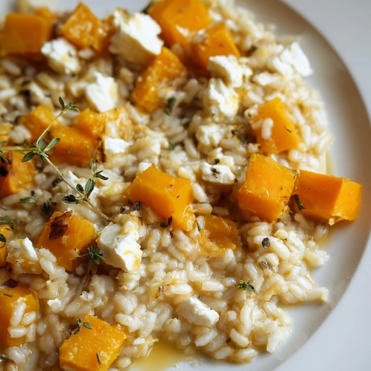 Freshly prepared Butternut Squash and Goat Cheese Risotto with a velvety texture, featuring sweet squash and savory herbs ready for a vegetarian dinner.
