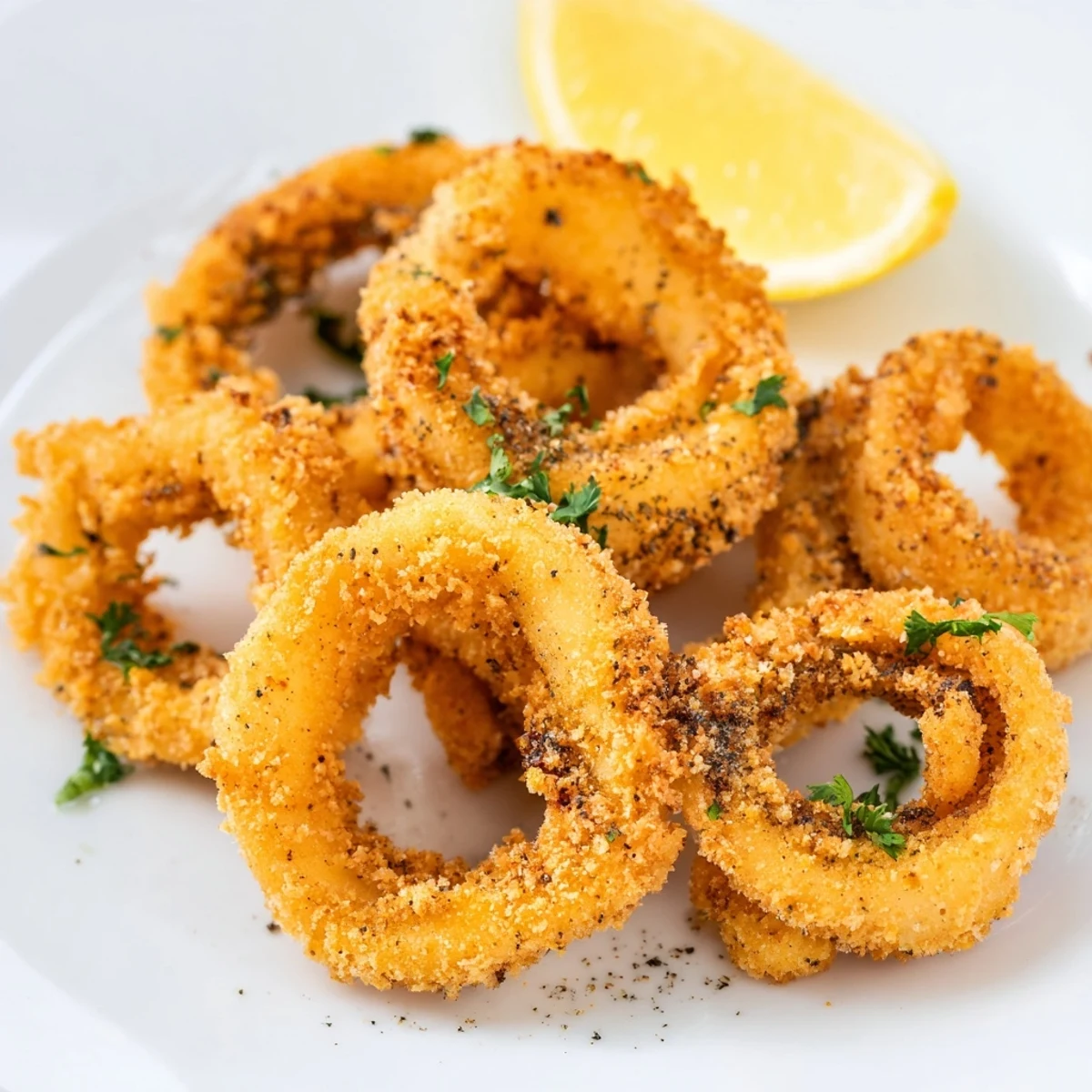 Golden-brown crispy calamari rings with lemon wedges and parsley garnish on a white plate.