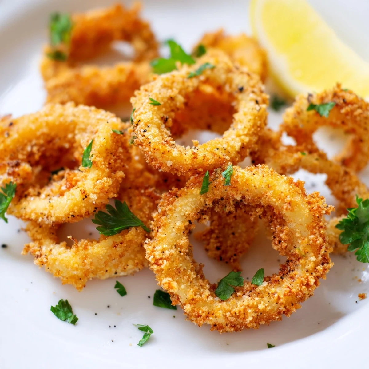Golden calamari rings with lemon wedge, stacked on a napkin-lined basket for a casual serving.