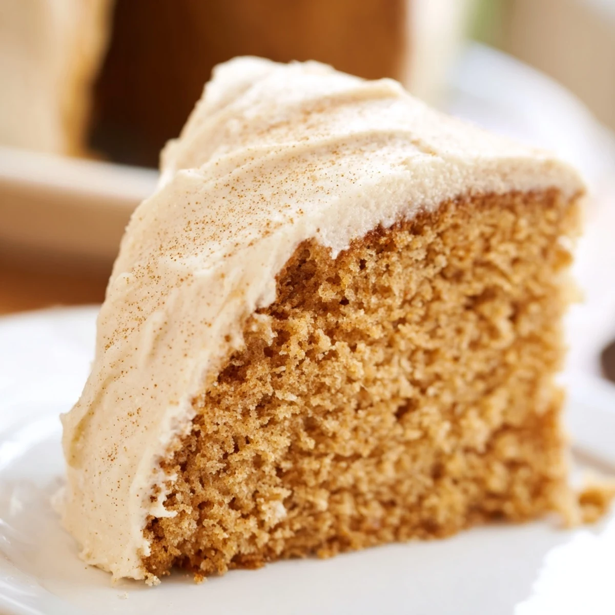 Close-up of Spiced Cake with Frosting being sliced, revealing a tender crumb and rich vanilla frosting.