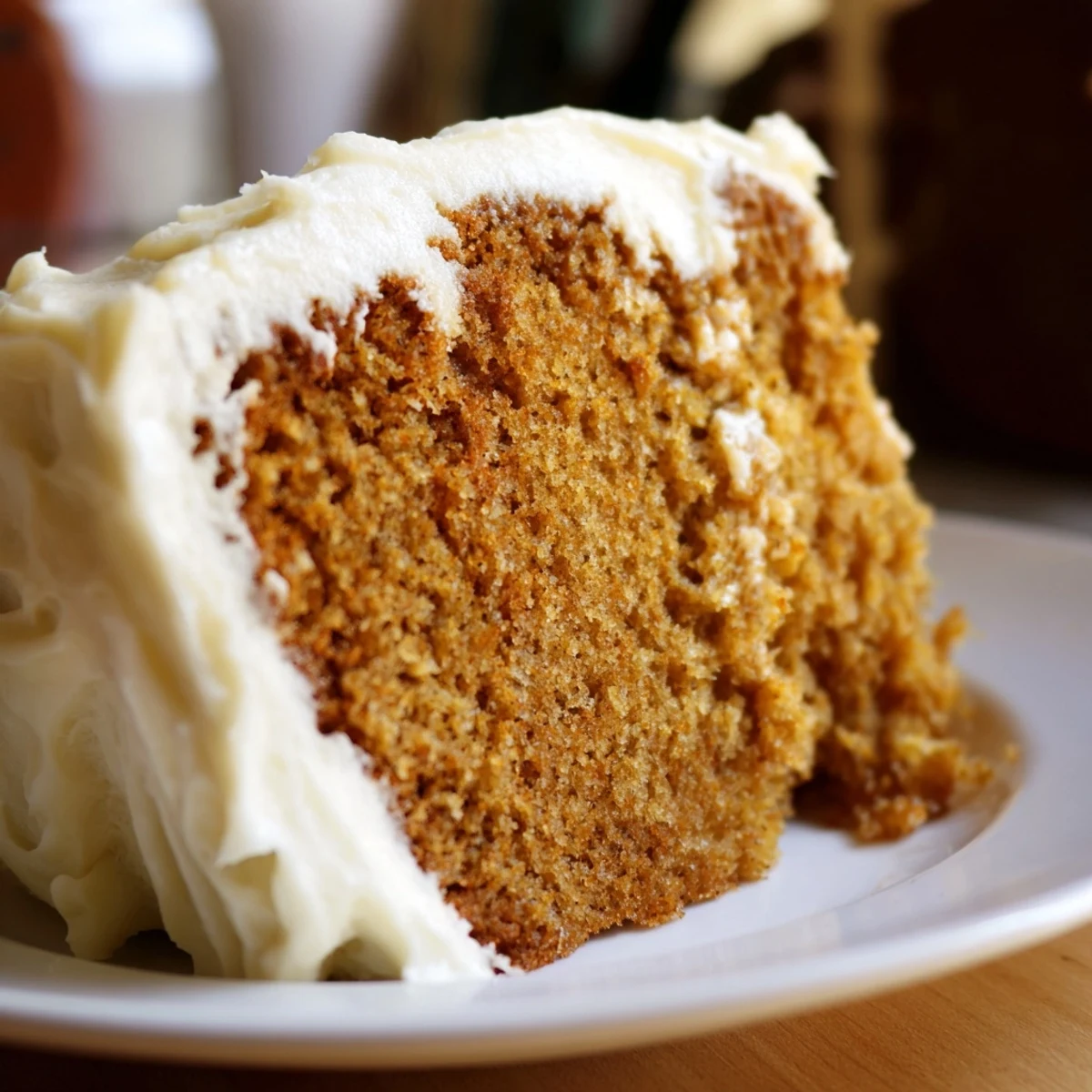 Overhead view of a whole Spiced Cake with Frosting, showing creamy vanilla frosting and a dusting of cinnamon.