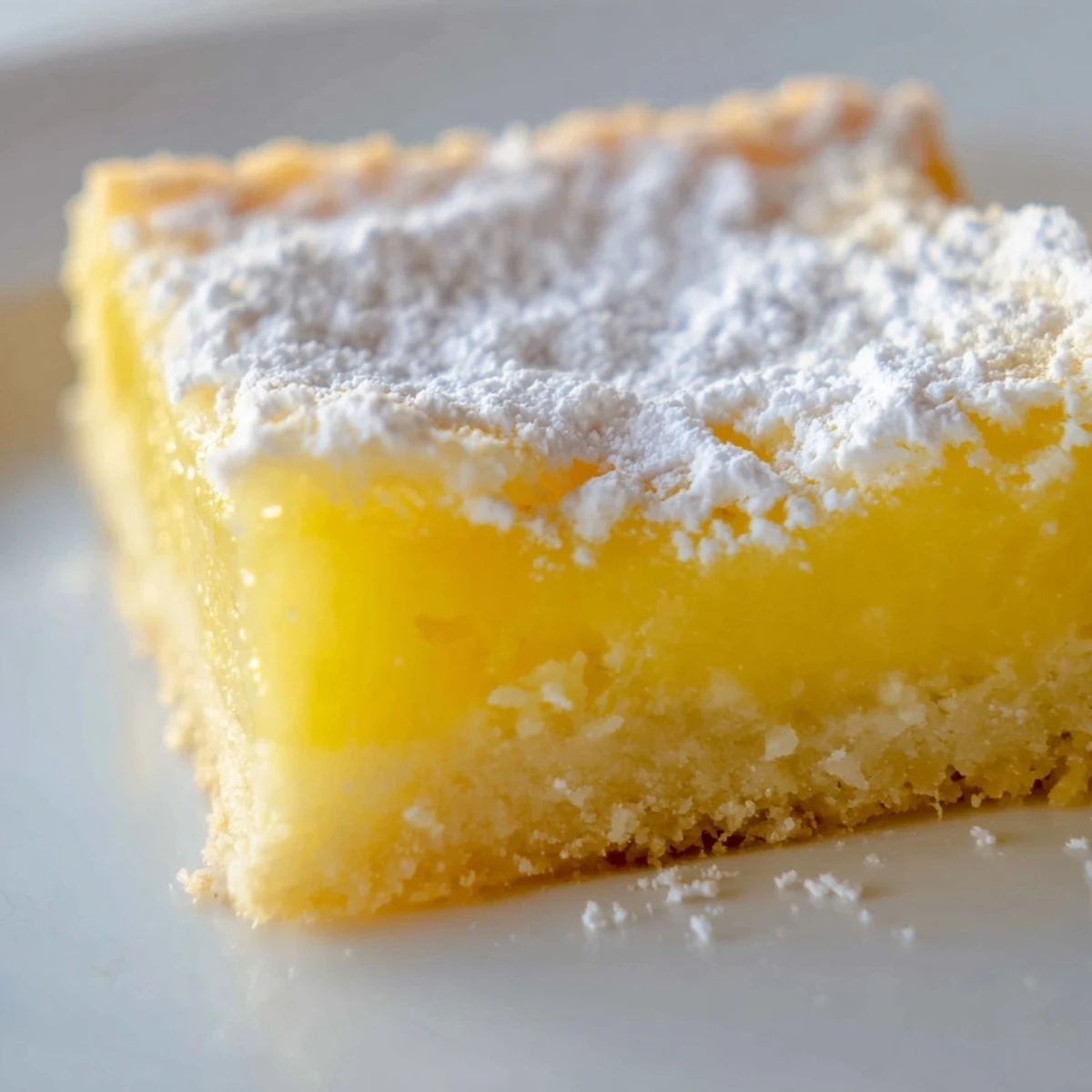 Freshly baked Lemon Bars with buttery crust rest on a wooden board, dusted with powdered sugar for a sweet finish.