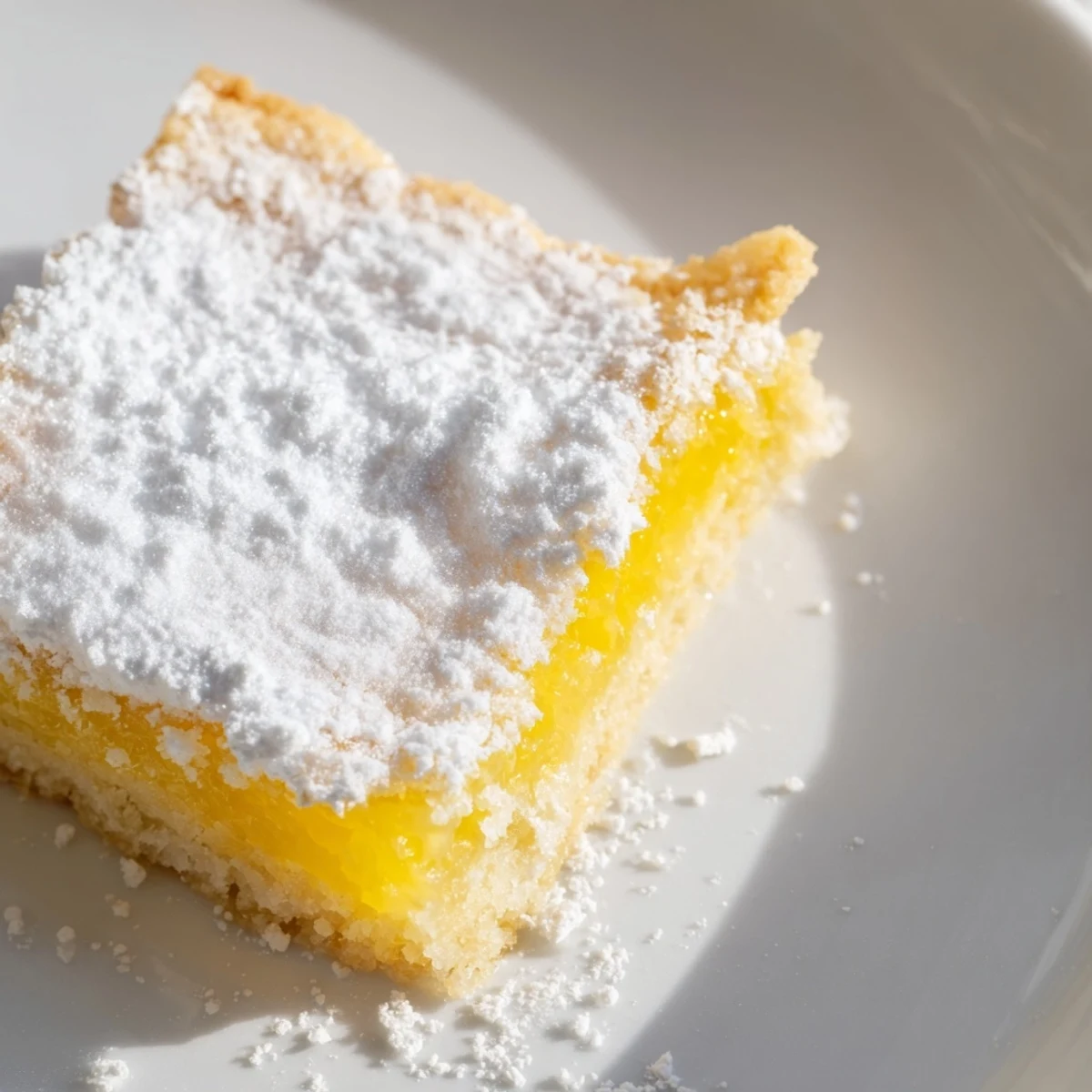 Slices of tangy Lemon Bars are served on a white plate, showcasing the bright yellow filling and crumbly crust.