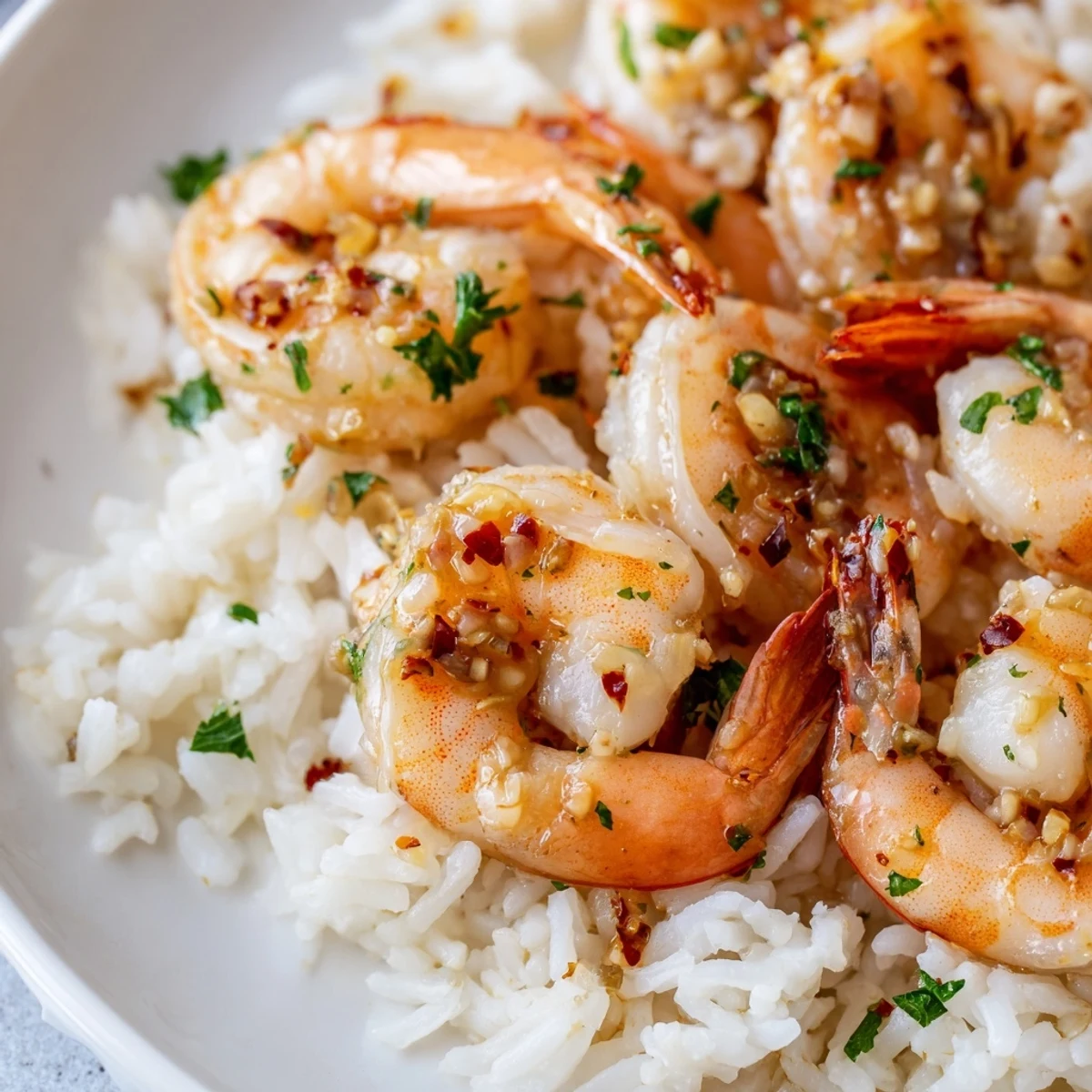 Garlic Shrimp with Rice piled high on a plate, featuring plump shrimp with a golden sear and lemon wedges.