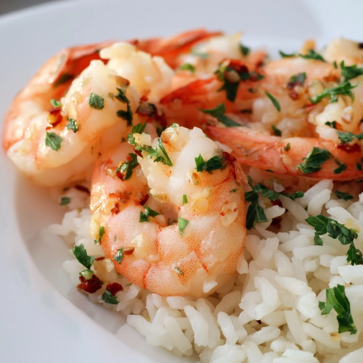 Sizzling Garlic Shrimp with Rice served family-style, garnished with herbs and lemon for a zesty finish.