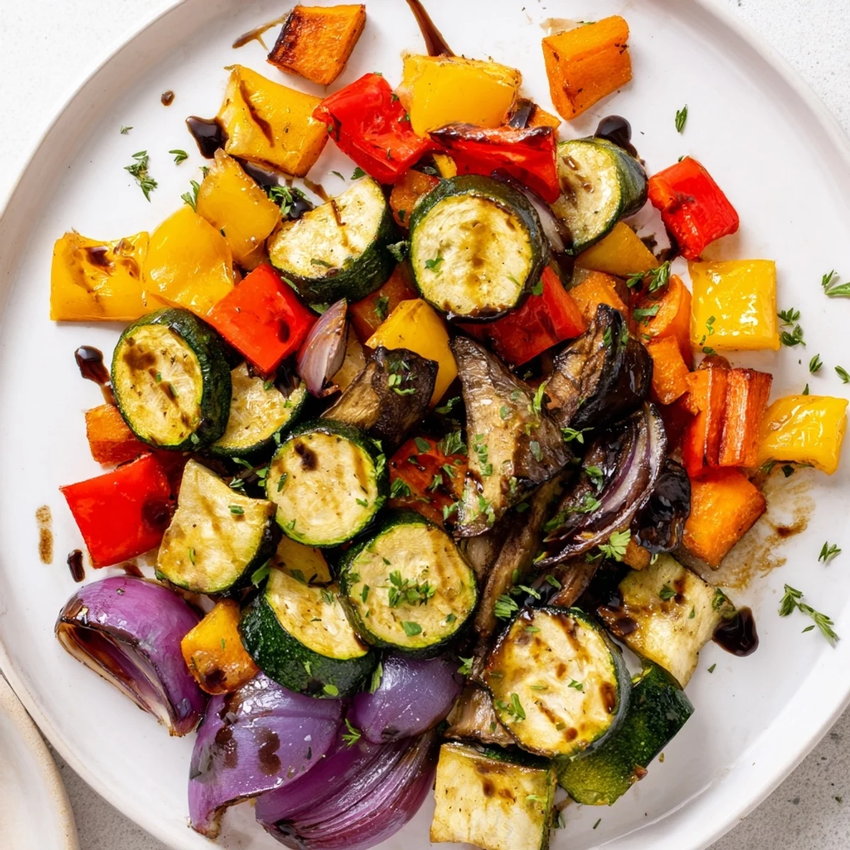 Freshly roasted vegetables with herbs on a baking sheet, featuring zucchini, bell peppers, and red onion, garnished with fresh parsley and a drizzle of balsamic glaze for a vibrant Mediterranean side dish.
