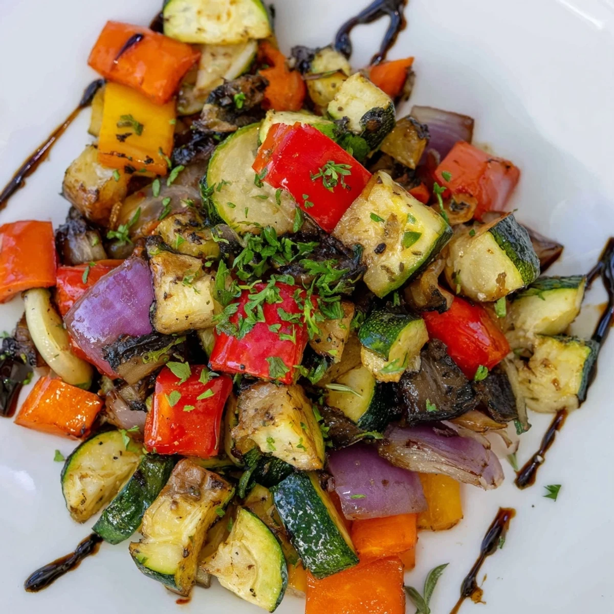 Colorful medley of roasted zucchini, carrots, and eggplant with Italian herbs steaming on a serving platter, perfect for a healthy vegetarian dinner or potluck side dish.