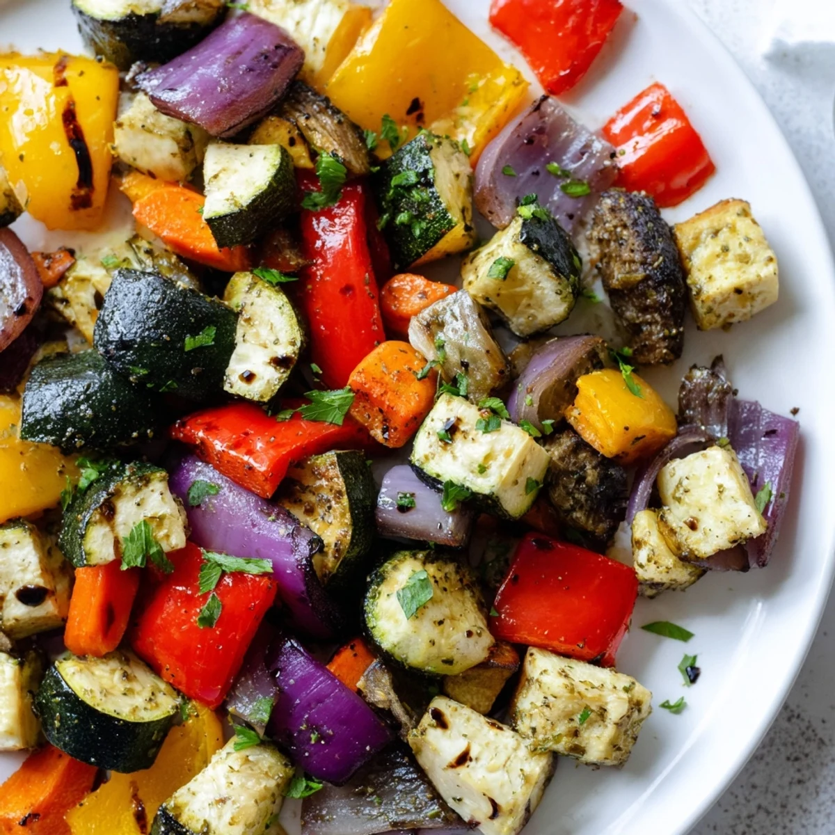 Golden, crispy roasted vegetable medley with aromatic herbs and garlic, served warm alongside grilled chicken, showcasing caramelized edges and a bright pop of parsley garnish.