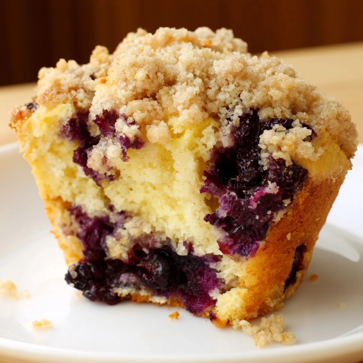 Homemade Lemon Blueberry Muffins with Streusel arranged on a white plate, showcasing moist interiors and a buttery, crunchy crumb topping perfect for breakfast.