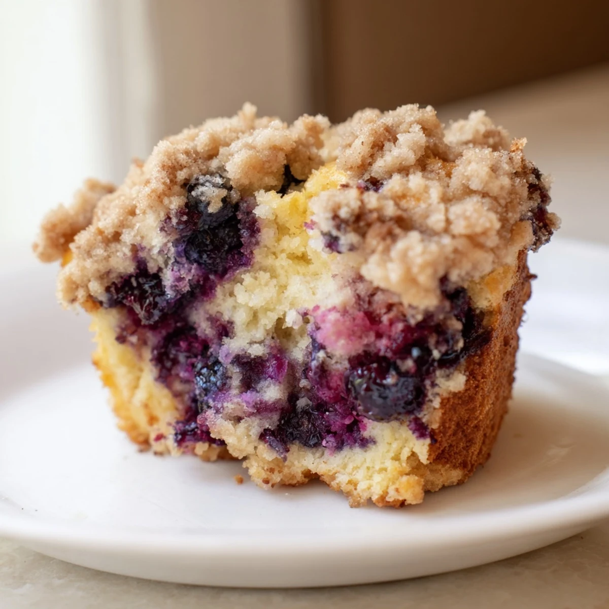 Freshly baked Lemon Blueberry Muffins with Streusel cooling on a wire rack, featuring golden crumb tops and juicy blueberries bursting through the batter.