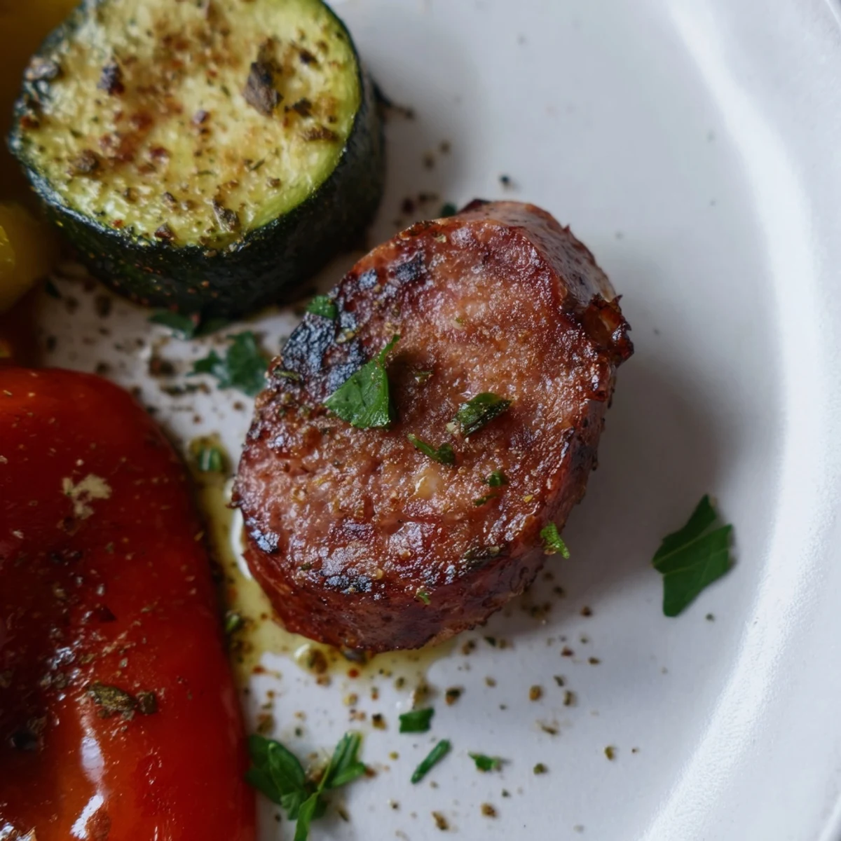 Sheet Pan Halal Sausage and Veggies roasted with bell peppers and onions, served hot from the oven.