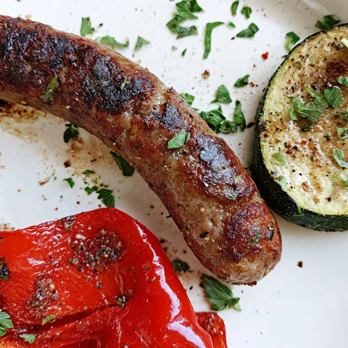 Golden Halal Sausage and Veggies, including carrots and zucchini, garnished with fresh parsley on a baking sheet.