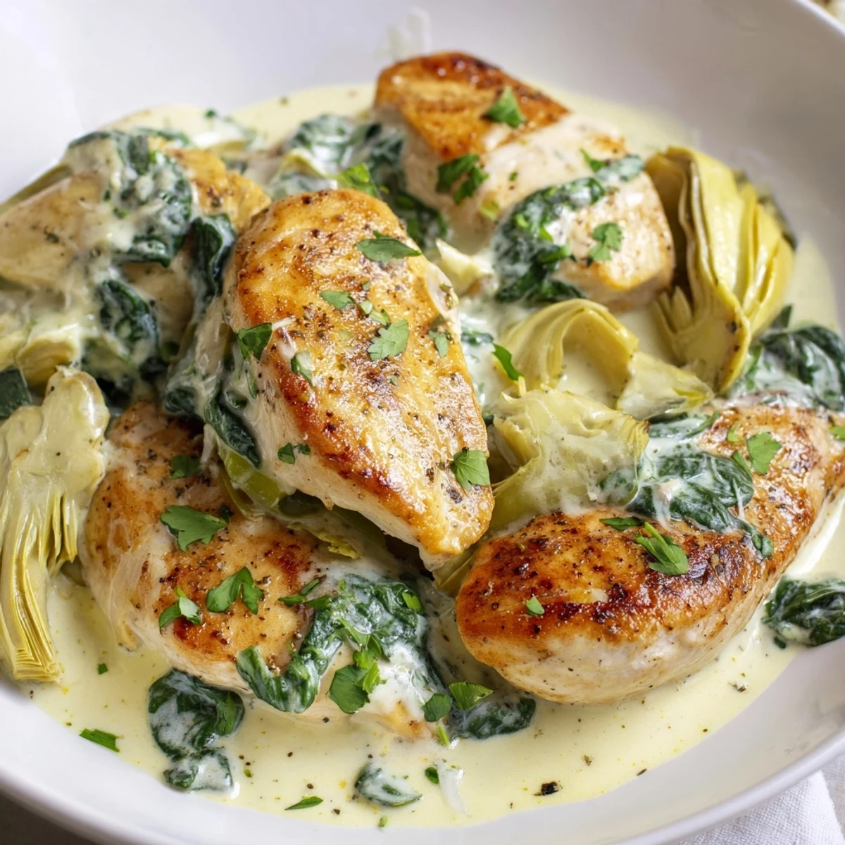 Creamy Spinach and Artichoke Chicken Skillet with golden sautéed chicken breasts in a rich, cheesy sauce.