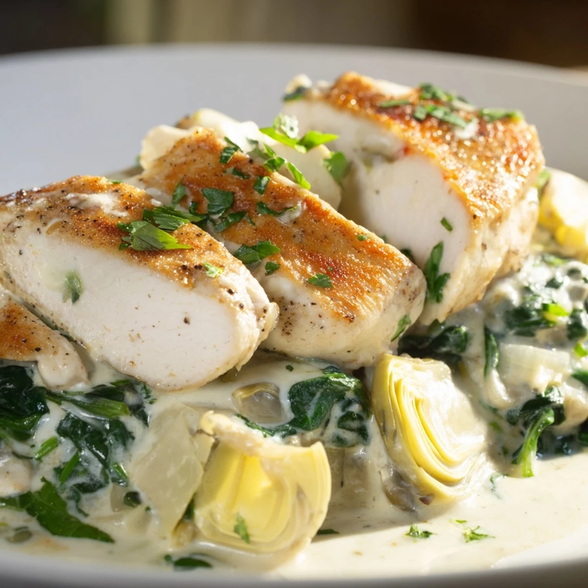 Juicy chicken breasts simmered in a Creamy Spinach and Artichoke Chicken Skillet with wilted spinach and tender artichokes.