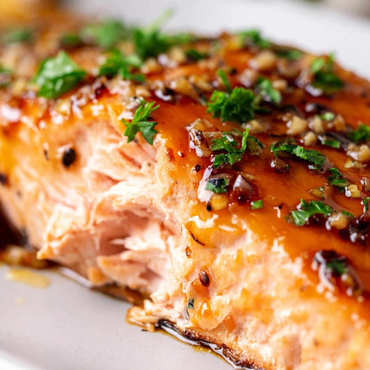 Golden-brown baked salmon fillets with a sticky honey garlic glaze and fresh parsley garnish on a white plate.