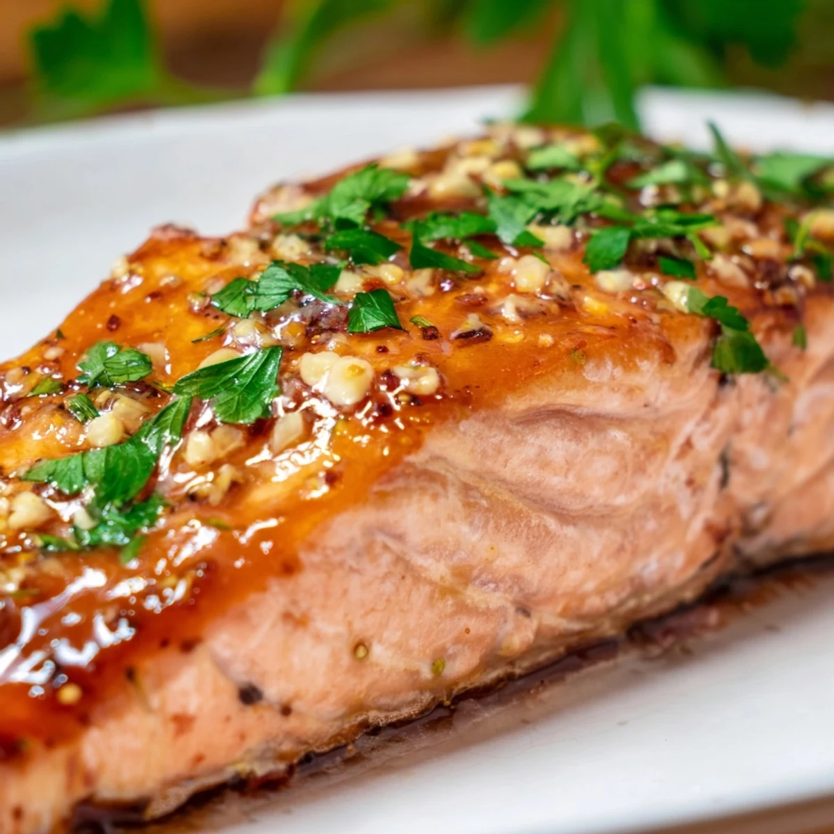 Close-up of oven-baked salmon fillet brushed with a glossy honey garlic glaze, ready to serve for dinner.