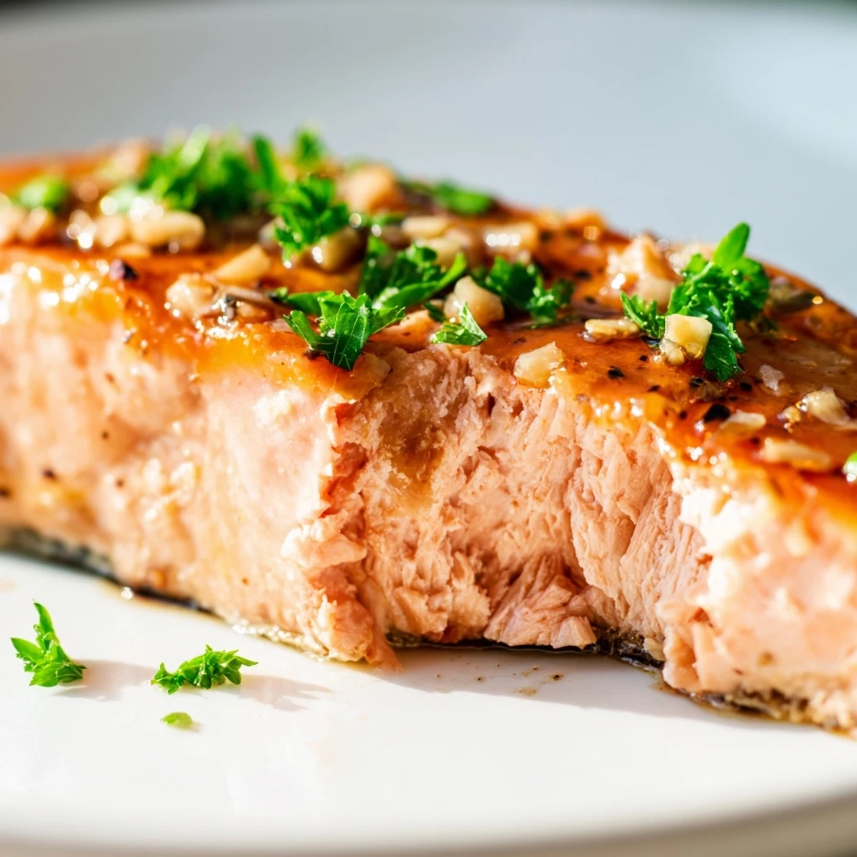 Flaky baked salmon with honey garlic glaze served with lemon wedges and steamed rice for a healthy dinner.