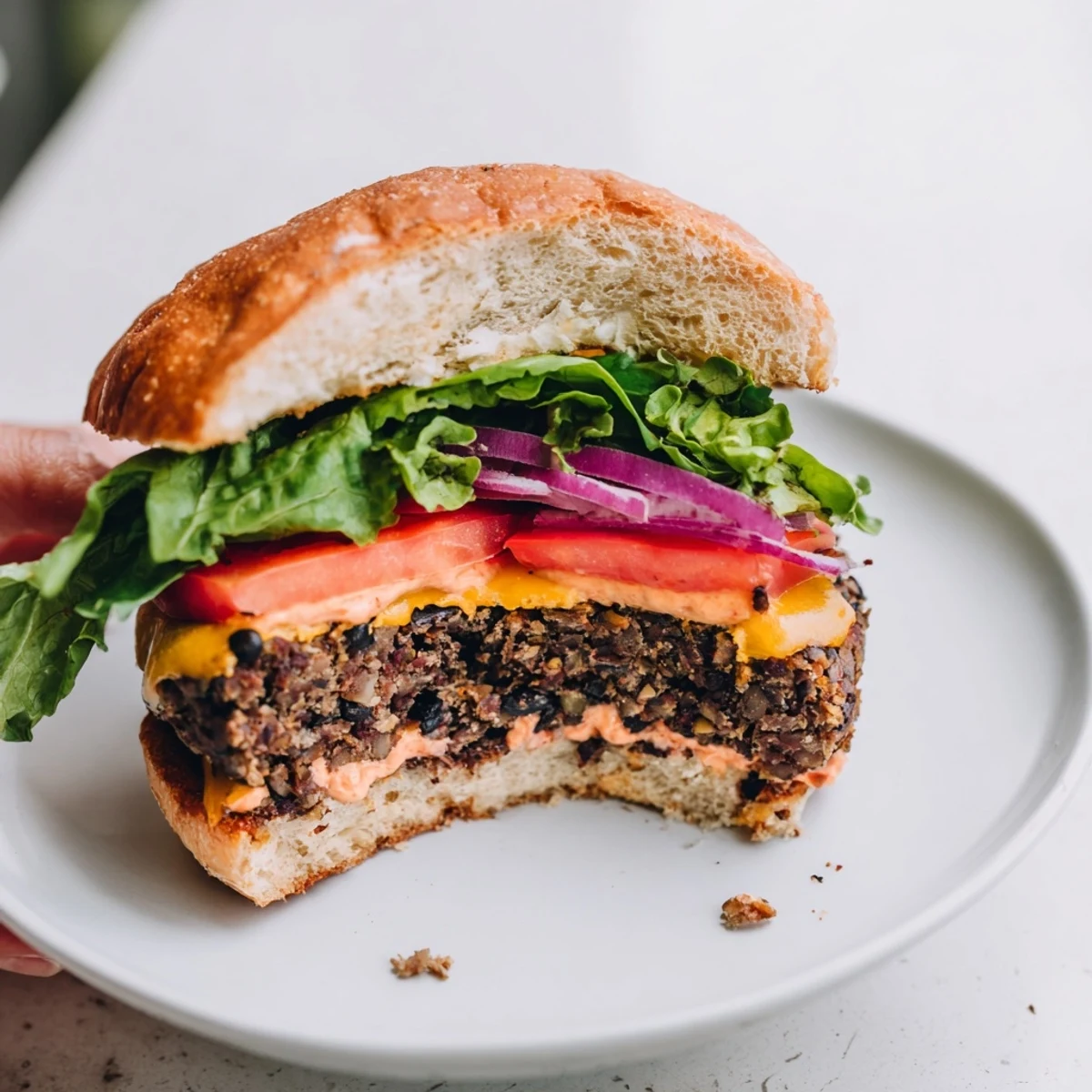 Crumbled black bean patty and chipotle mayo spilling out of a Vegan Black Bean Burger on a wooden board, highlighting smoky spices and fresh cilantro.