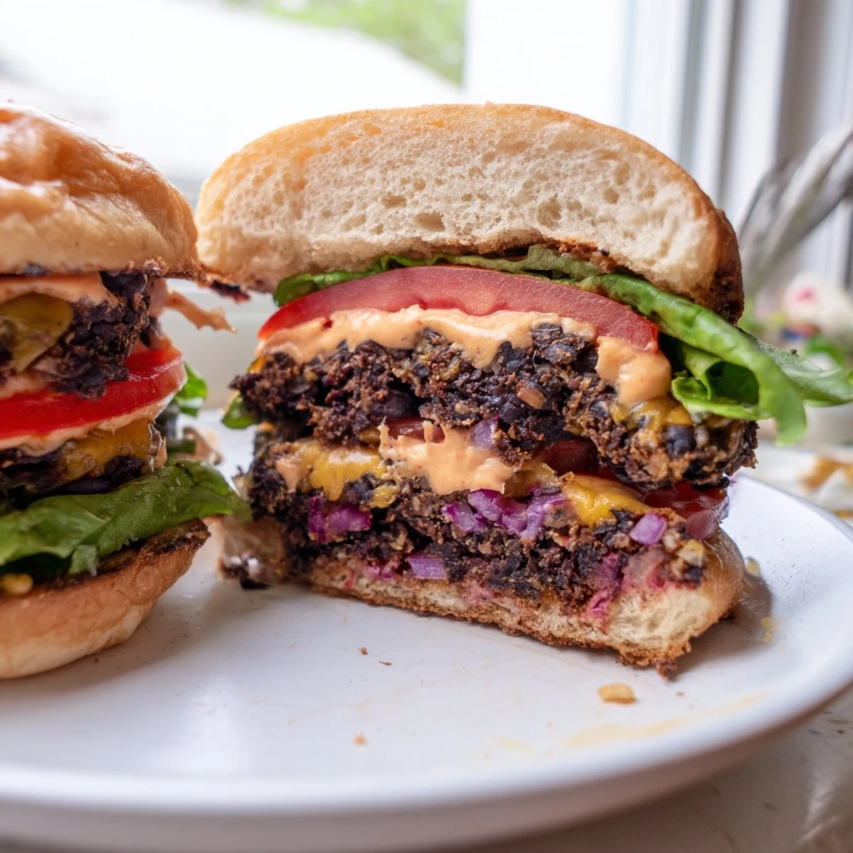 Plated Vegan Black Bean Burger with Chipotle Mayo on a ceramic plate with pickles and red onion, set on a rustic table with soft lighting.