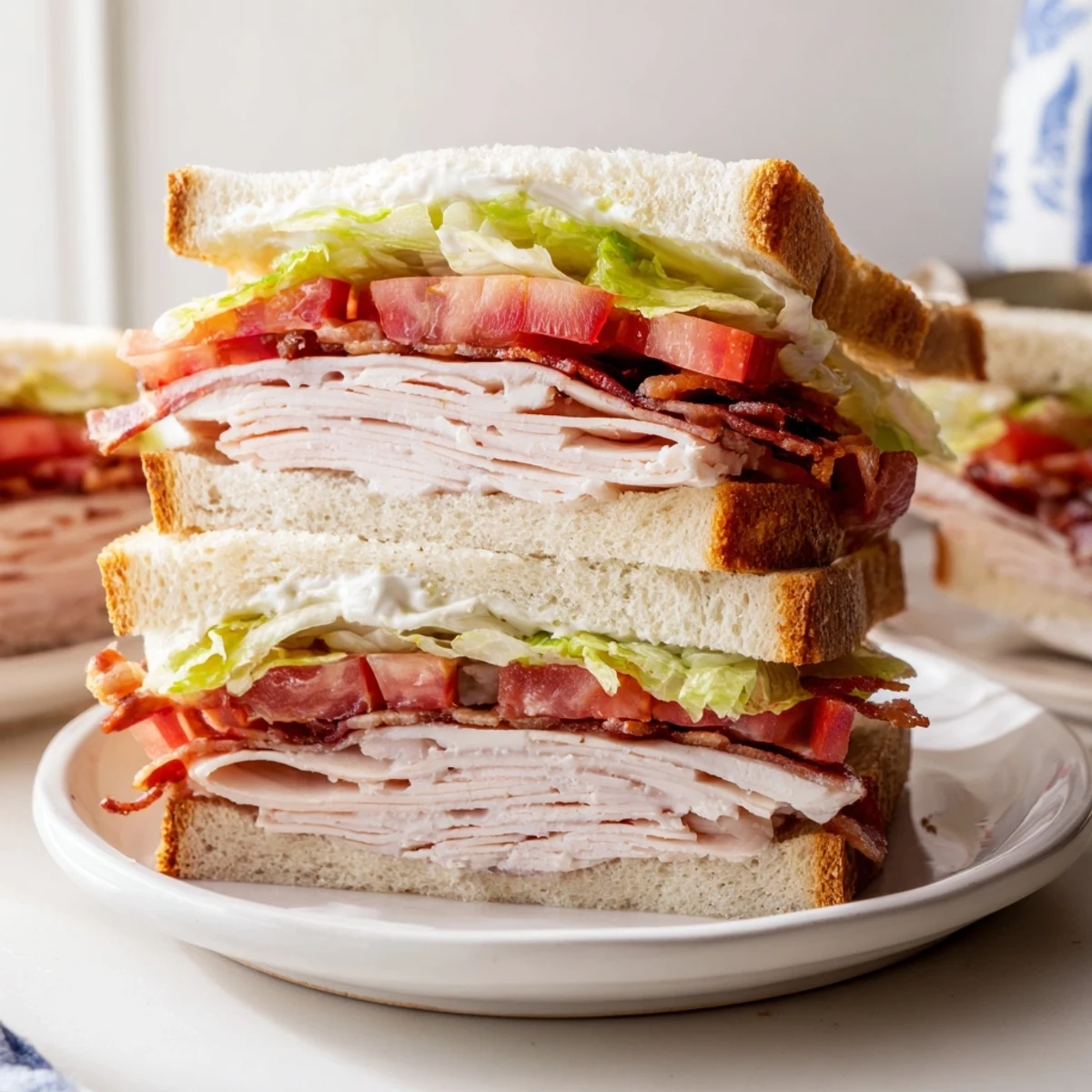 Close-up of a layered Turkey Club Sandwich with Beef Bacon, showcasing toasted bread, crisp lettuce, juicy tomato, and beef bacon strips.