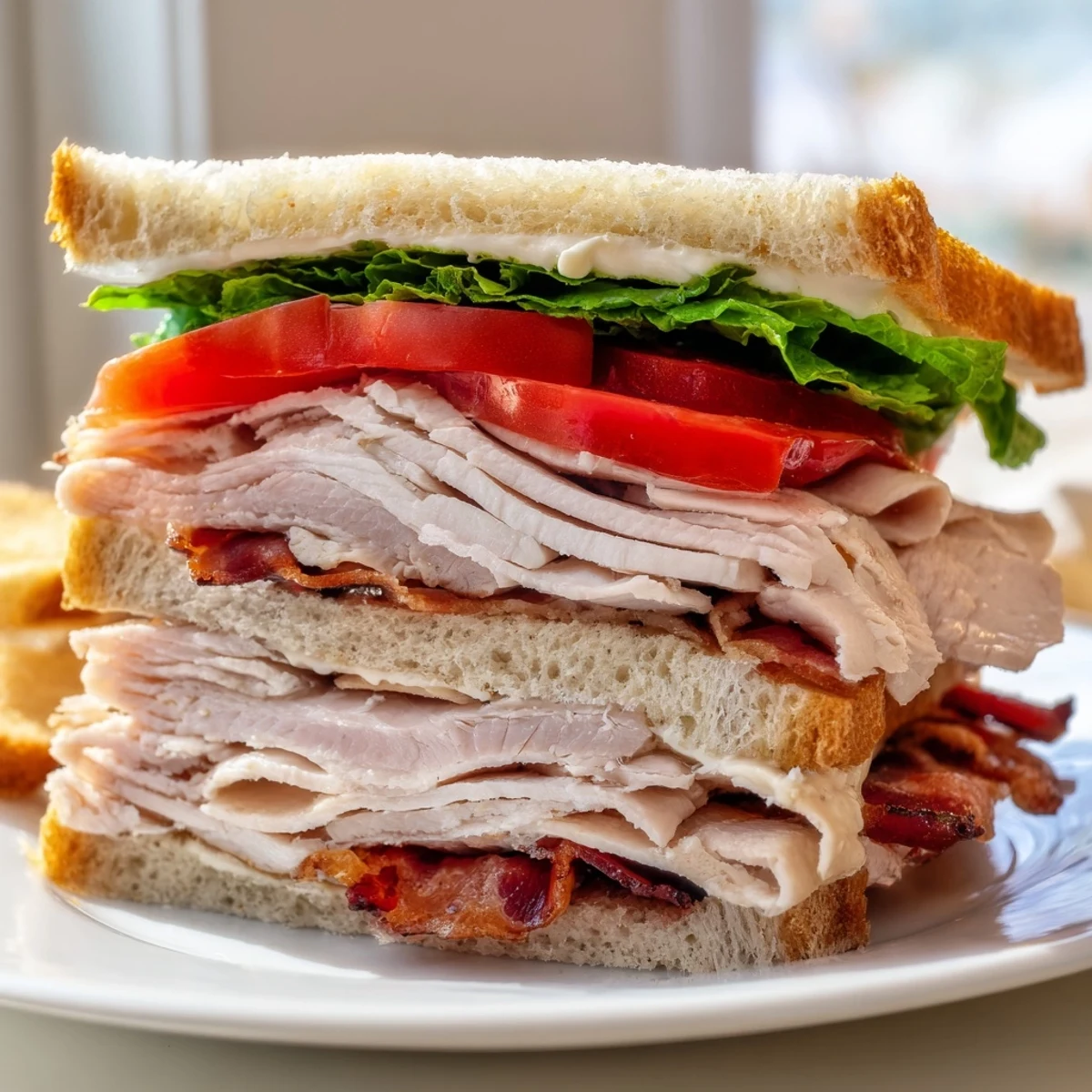 Freshly cut halves of a Turkey Club Sandwich with Beef Bacon revealing layers of roasted turkey, beef bacon, and creamy mayonnaise.