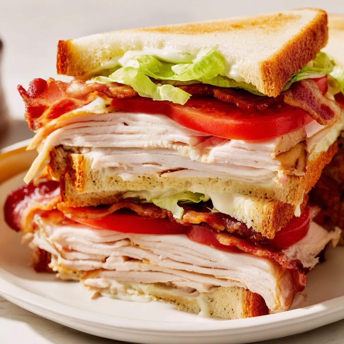 A plated Turkey Club Sandwich with Beef Bacon, served with chips and pickles for a classic American lunch experience.